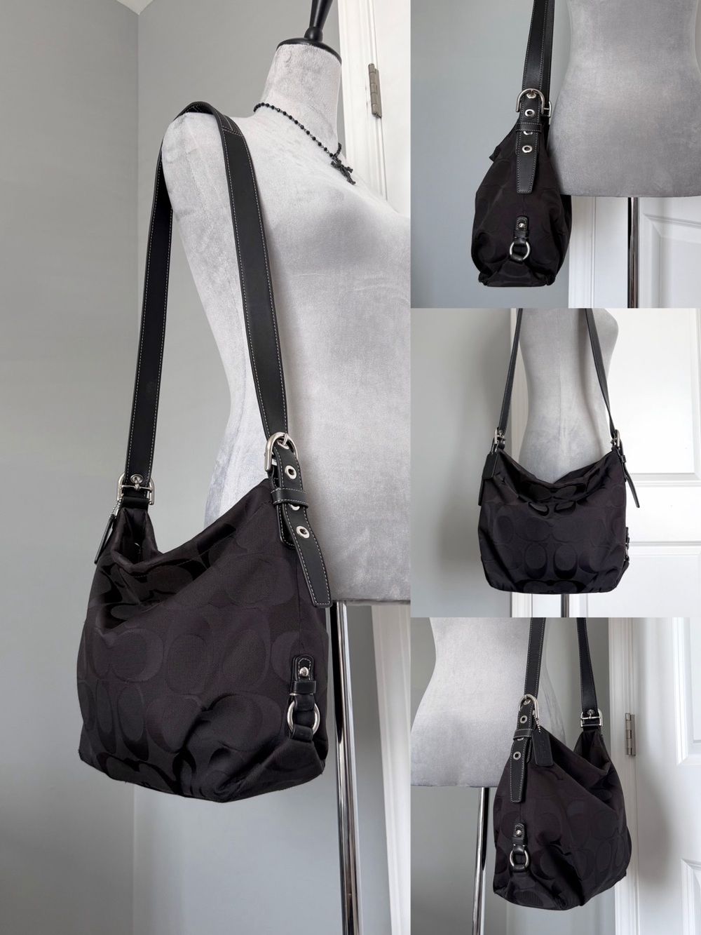 Vintage Coach Black Signature Jacquard Monogram C Duffle Hobo Bag (F15067)